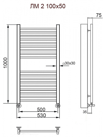 Полотенцесушитель водяной Ника MODERN ЛМ-2 1000x500 с вентилями (комплект люкс)