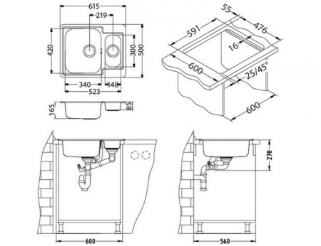 Кухонная мойка Alveus LINE 50 NAT-90 1065676 с сифоном