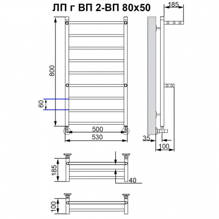 Полотенцесушитель водяной Ника CLASSIC ЛП Г ВП 800x500 2-ВП